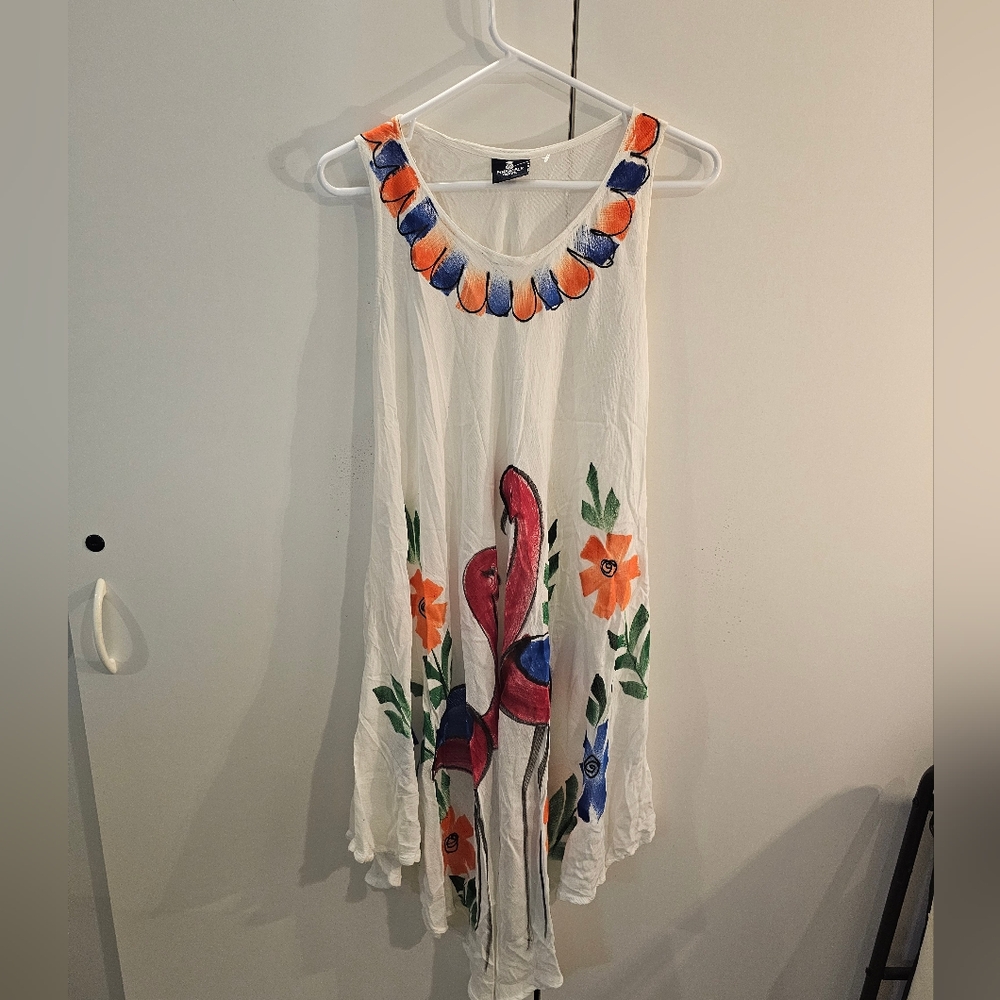 Pineapple Vibrant Floral Tunic Dress/Beach Cover - White with Flamingo